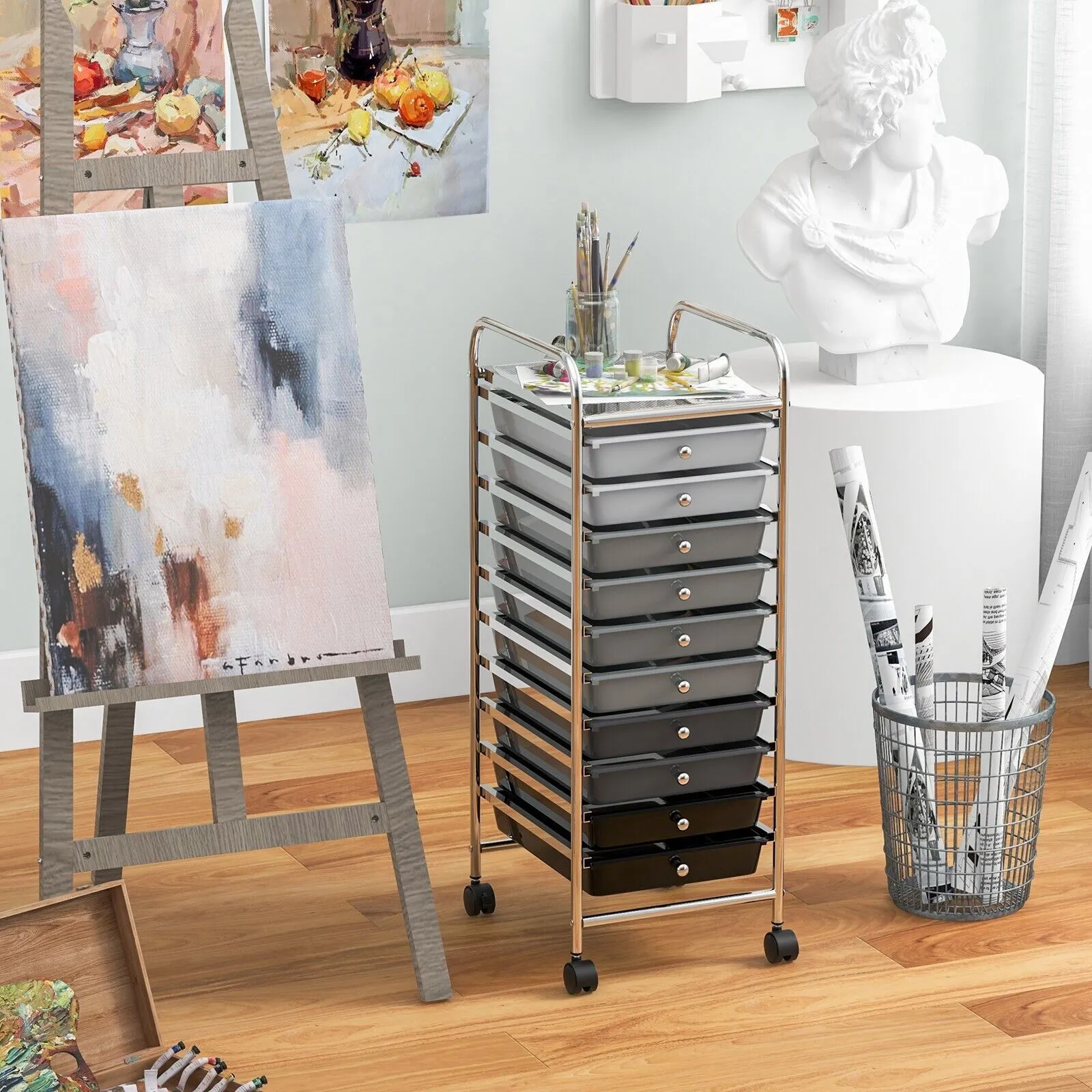 Costway 10 Drawers Storage Trolley Mobile Rolling Utility Cart Home Office Organizer in Grey 4