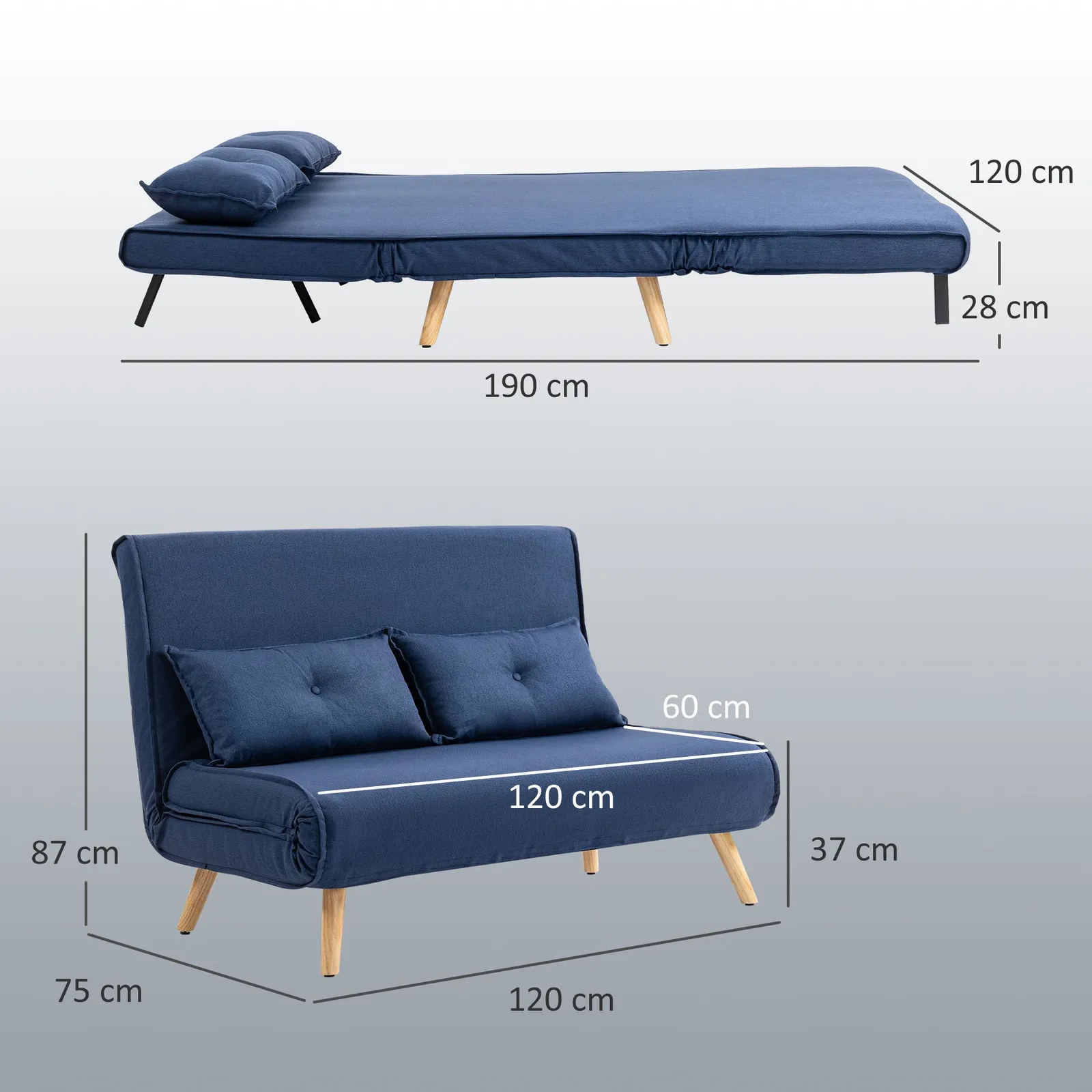 HOMCOM Click Clack Sofa Bed, 2 Seater Bed Settee for Living Room in Dark Blue 3