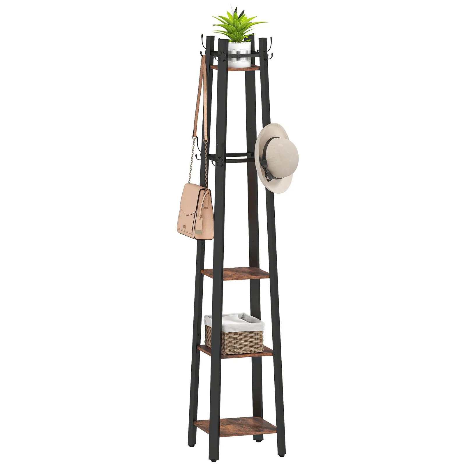 HOMCOM Industrial Coat Stand with 4 Storage Shelves & 8 Hooks in Brown 2