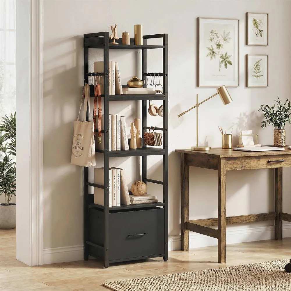 HOMCOM 4-Tier Bookshelf, Shelving Unit with Drawer, 8 Hooks in Black