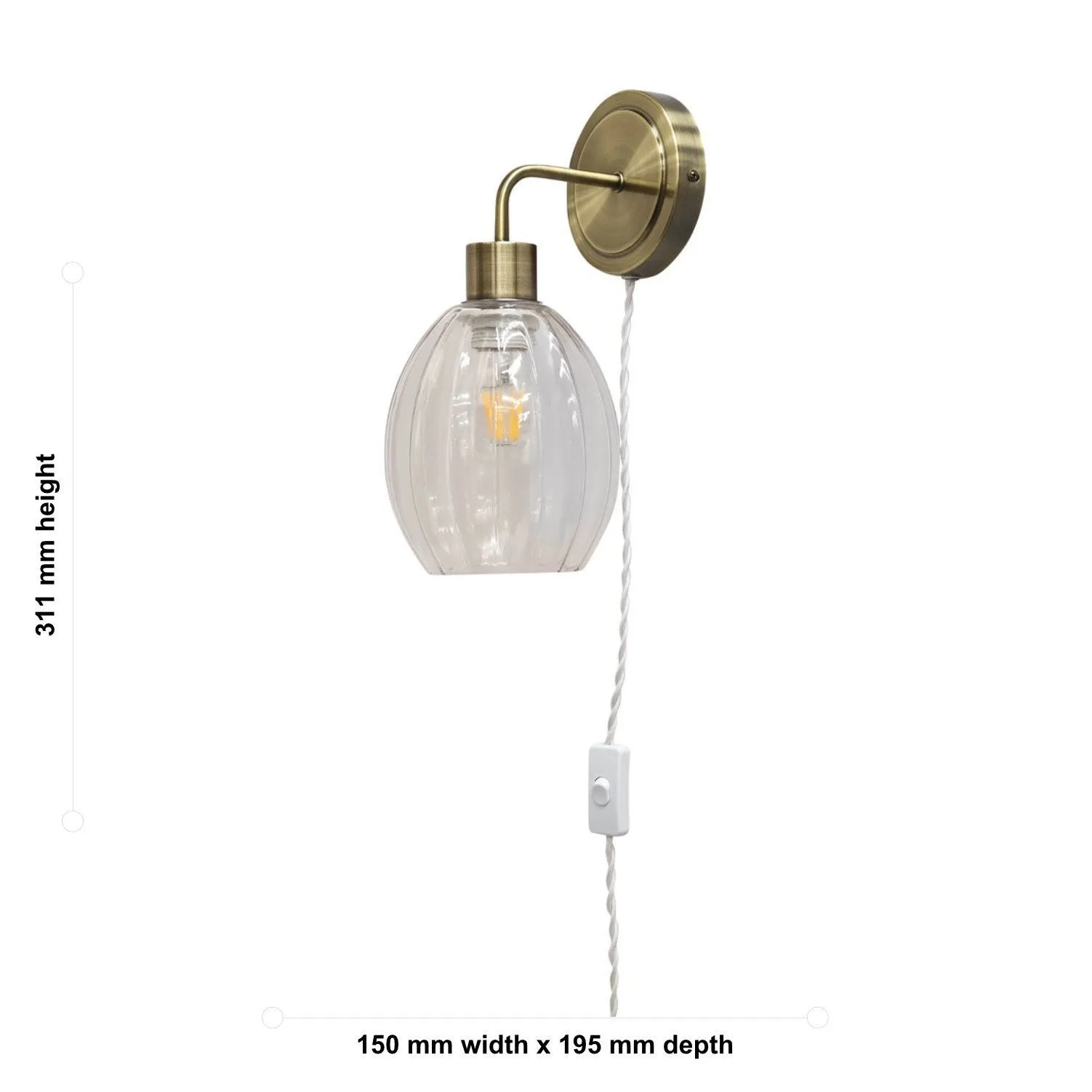 First Choice Lighting Set of 2 Toby - Antique Brass Plug in Wall Lights Fluted Shades in Gold 6