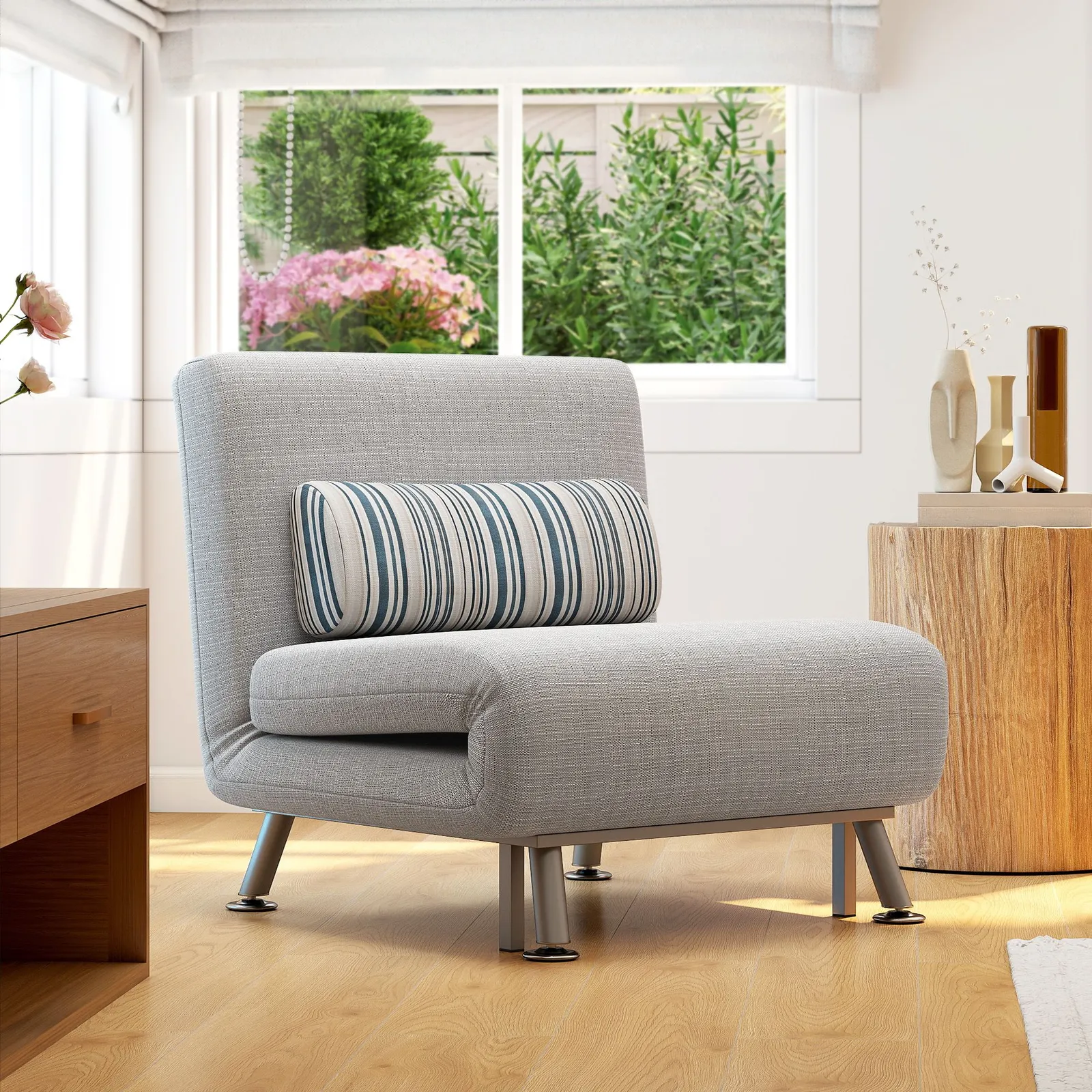 HOMCOM Single Folding 5 Position Convertible Sleeper Chair Sofa Bed in Light Grey 1