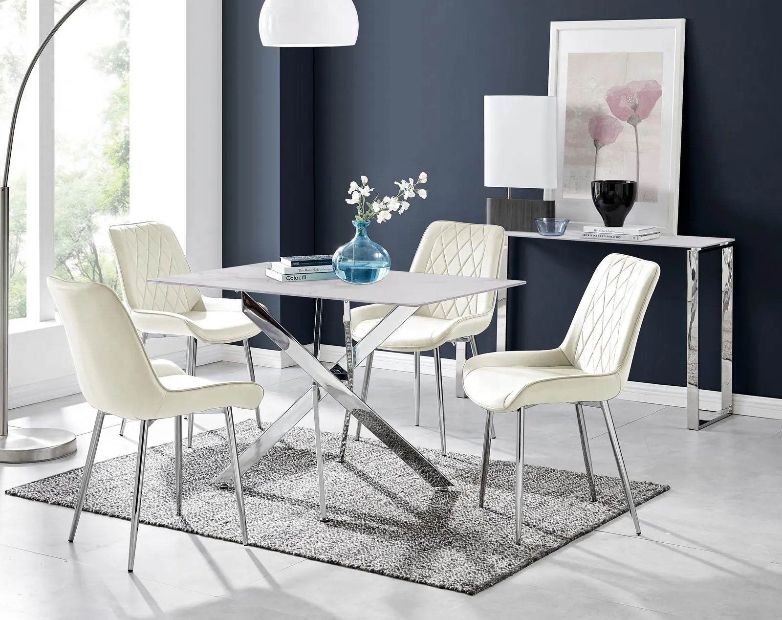 FurnitureboxUK Leonardo White Glass Marble Effect Silver Leg Table & 4 Pesaro Silver Chairs in Cream 1