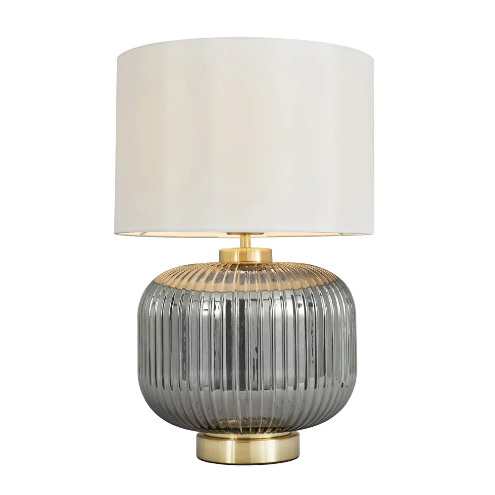 Lyna Table Lamp with Smoked Glass Base and White Shade, Satin Brass