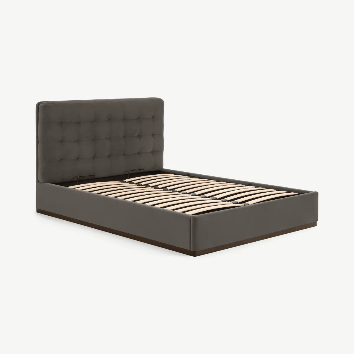 Lavelle Double Ottoman Storage Bed, Otter Velvet & Walnut Stain Plinth