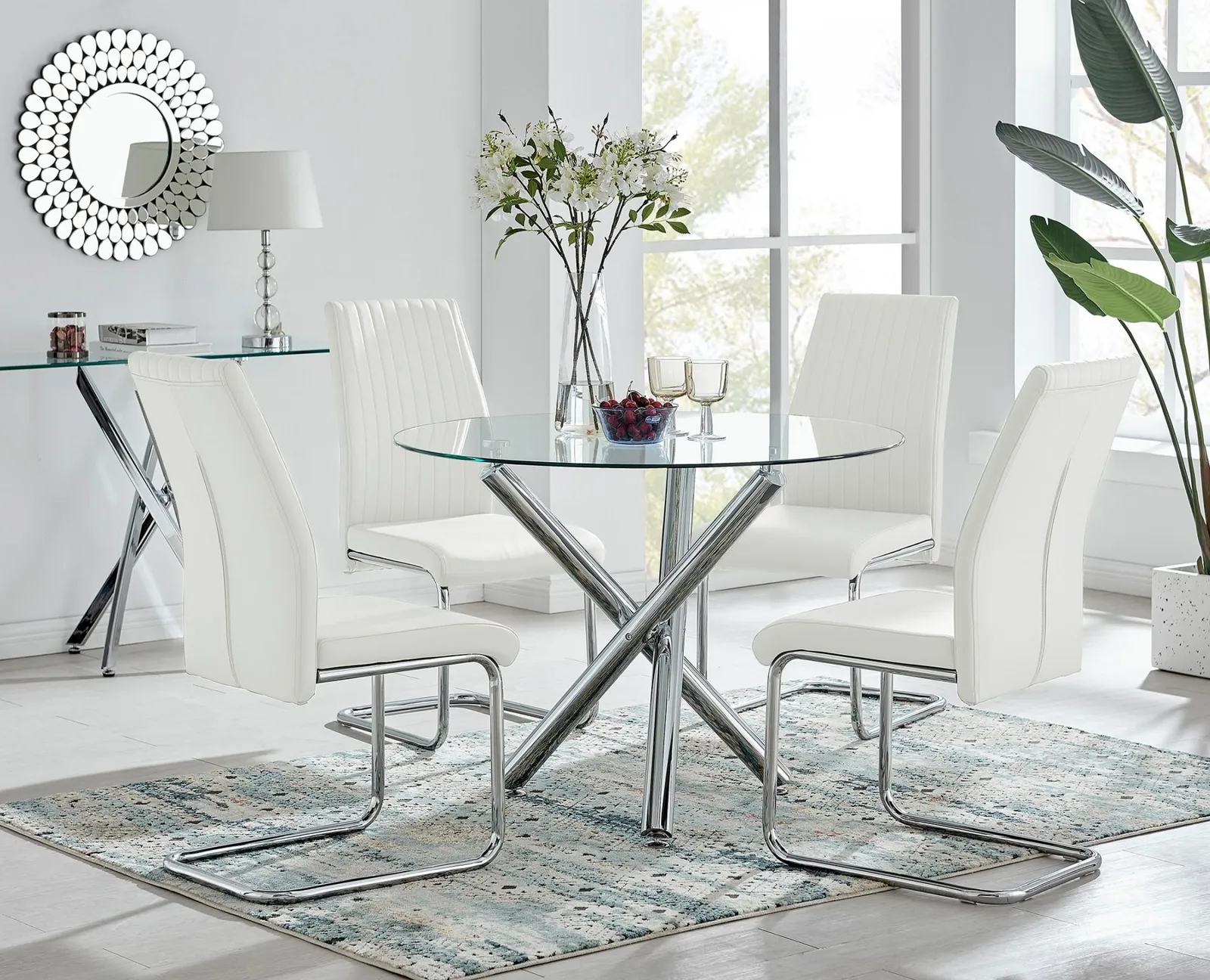FurnitureboxUK Selina Round Glass & Chrome Metal Dining Table & Lorenzo Chairs Set in Off-White 1