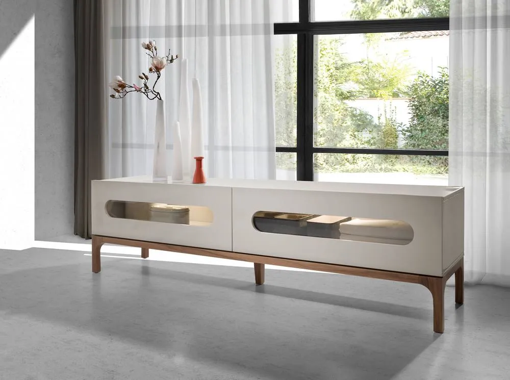 Angel Cerda TV Stand - Grey MDF with Walnut Legs & Interior LED 3