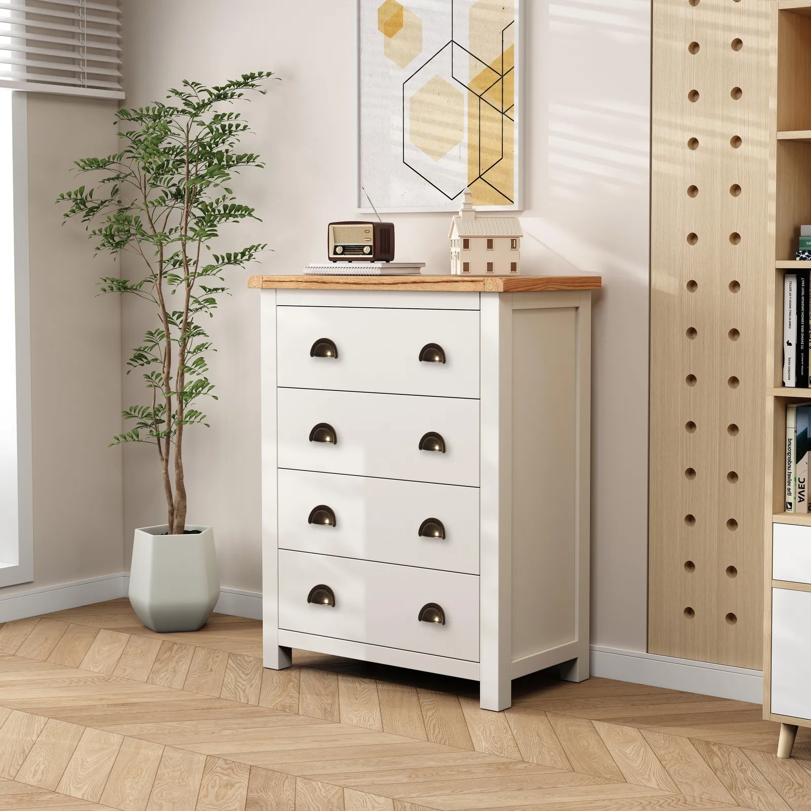 Cabinet Bits Lovere 4 Drawer Chest of Drawers Brass Cup Handle in Off-White