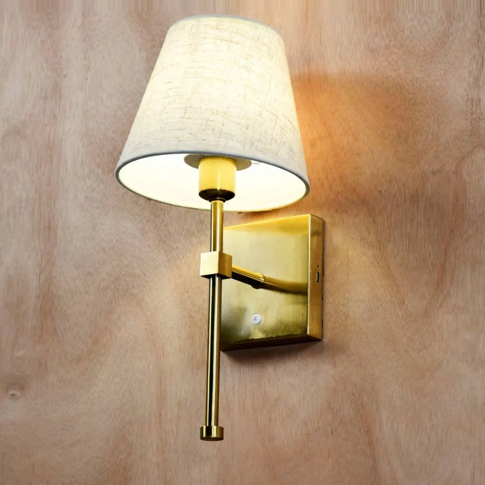 First Choice Lighting Horrace - Satin Brass Rechargeable Wall Light with Linen Shade in Gold 4