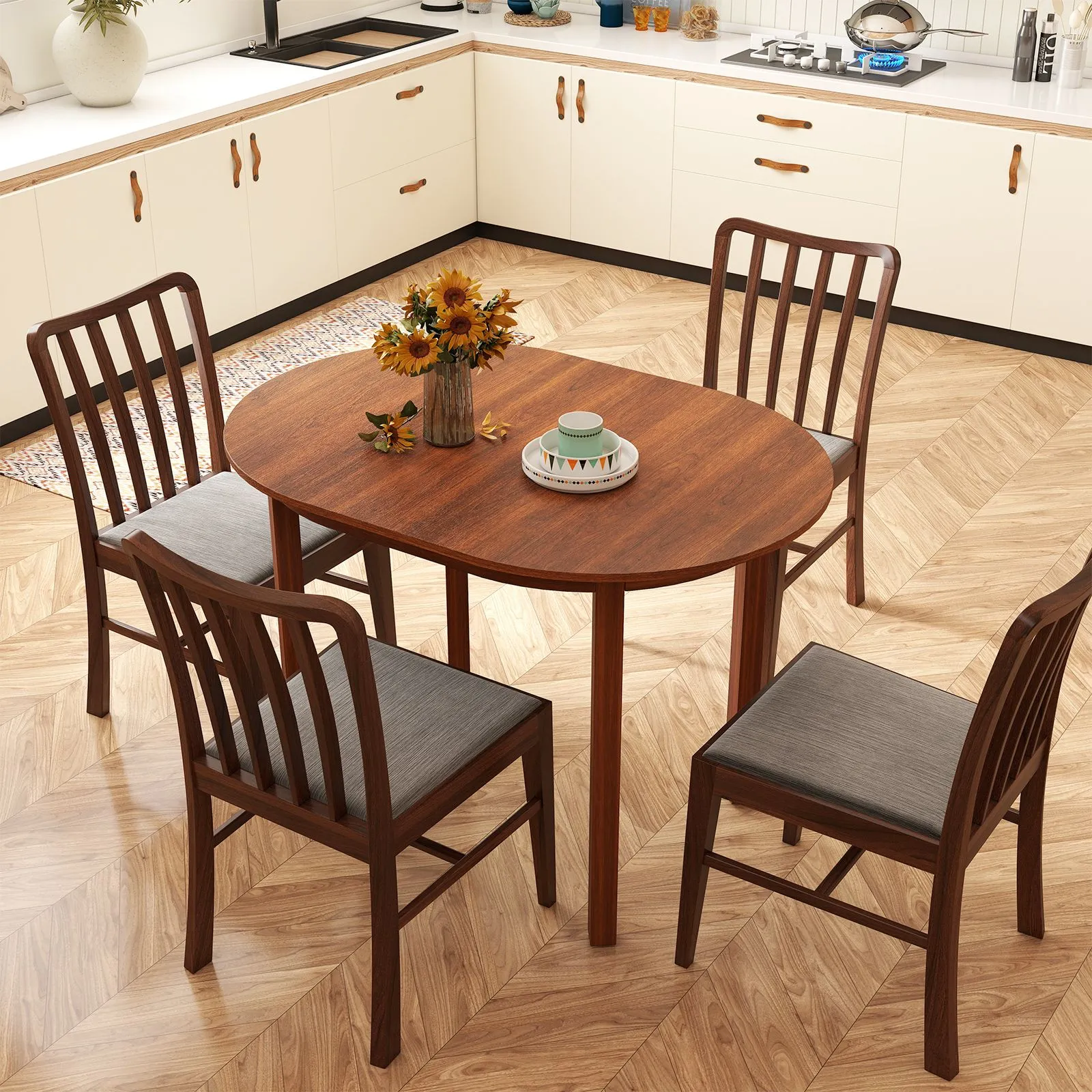 Costway 110CM Wooden Dining Table for 4-6 People Oval Kitchen Table in Walnut 5