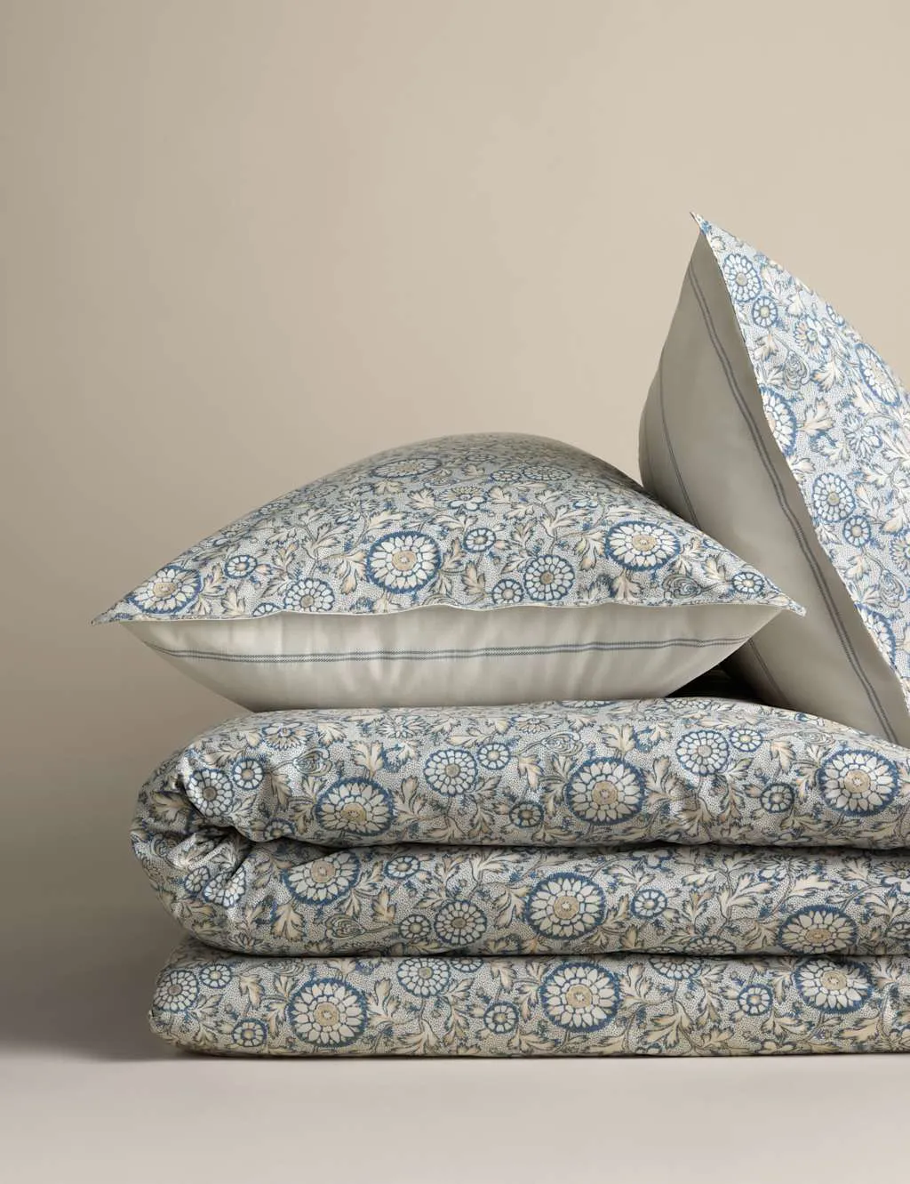 M&S Cotton Rich Woodblock Floral Bedding Set Slate Blue