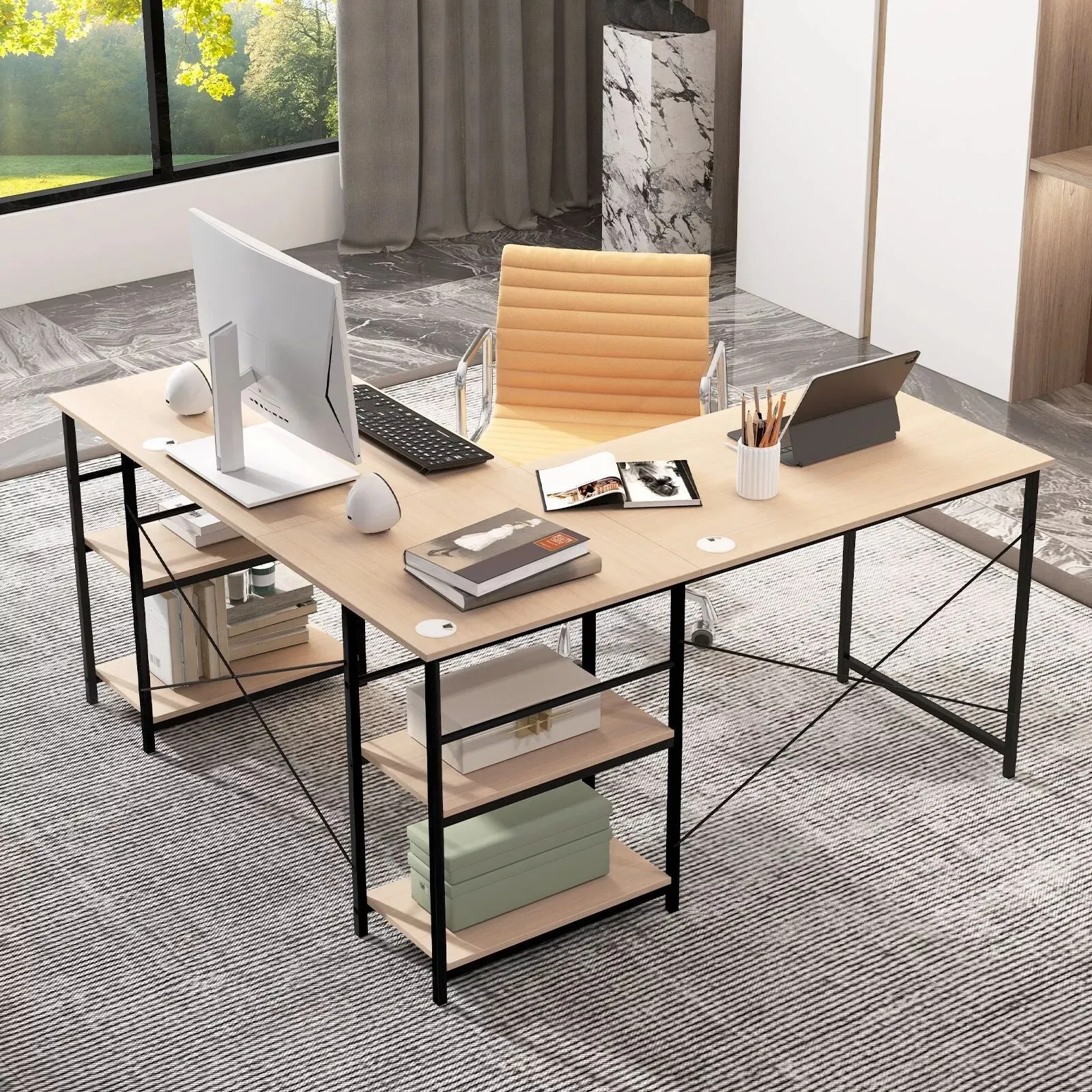 Costway L-Shaped Corner Computer Desk Study Writing Desk Workstation w/ Storage Shelf in Natural 2