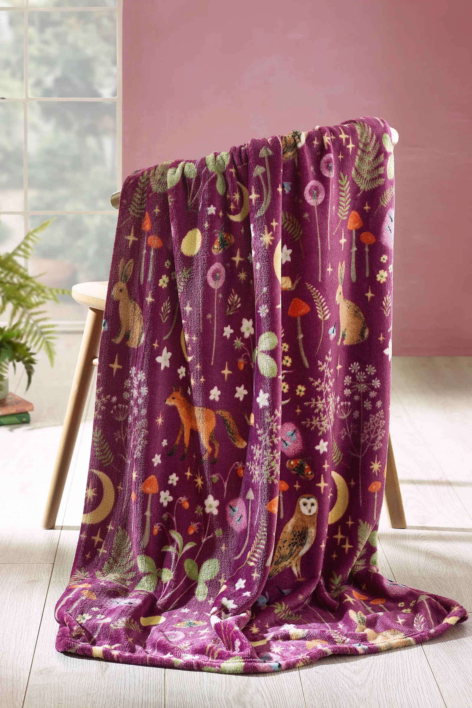 Catherine Lansfield 'Enchanted Twilight Animals' Cosy Fleece Blanket Throw in Plum