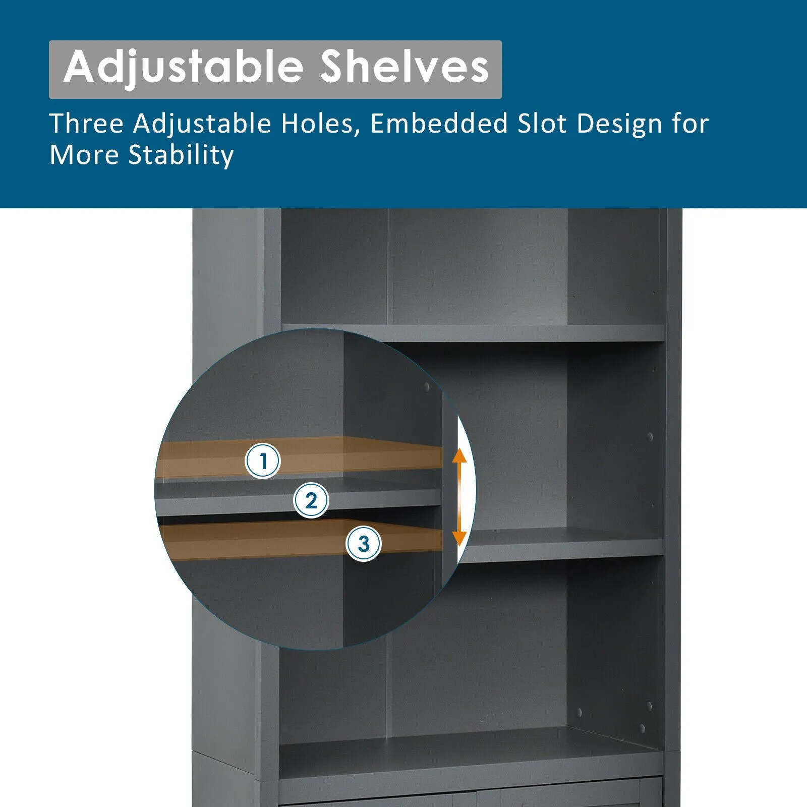Costway Wooden Tall Bookcase 3-Tier Shelving Storage Cabinet 2 Doors Display Organizer in Grey 5