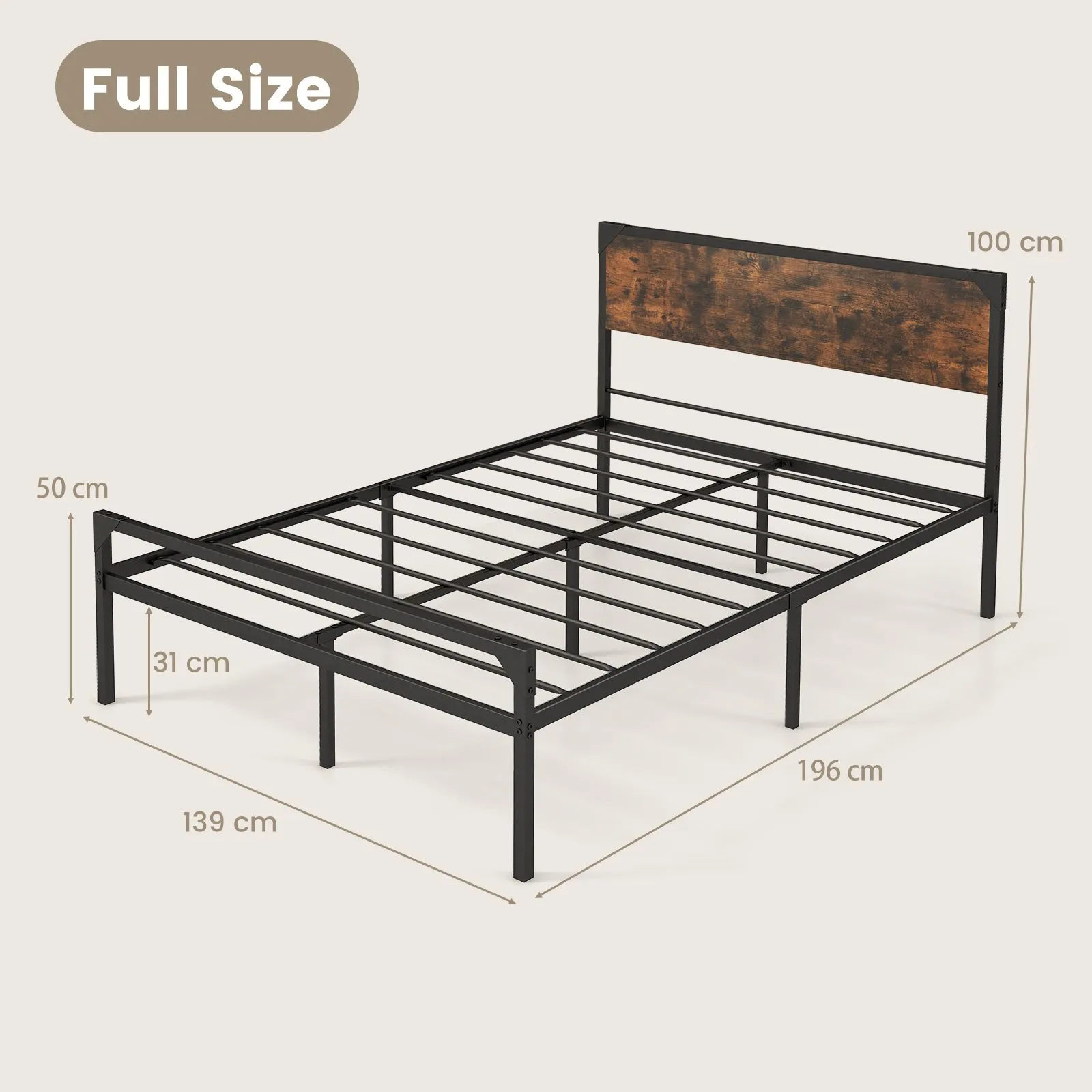 Costway Industrial Double Size Bed Frame Metal Platform Bed with 9 Support Legs in Brown 2
