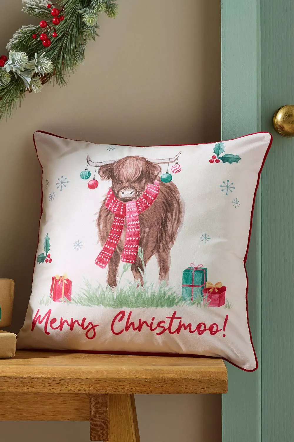 Catherine Lansfield 'Merry Christmoo' Soft Touch Cushion in Natural