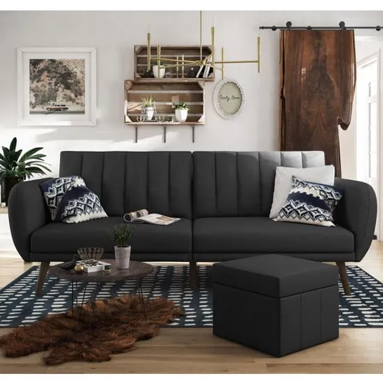 Brittany Linen Sofa Bed In Dark Grey With Wooden Legs