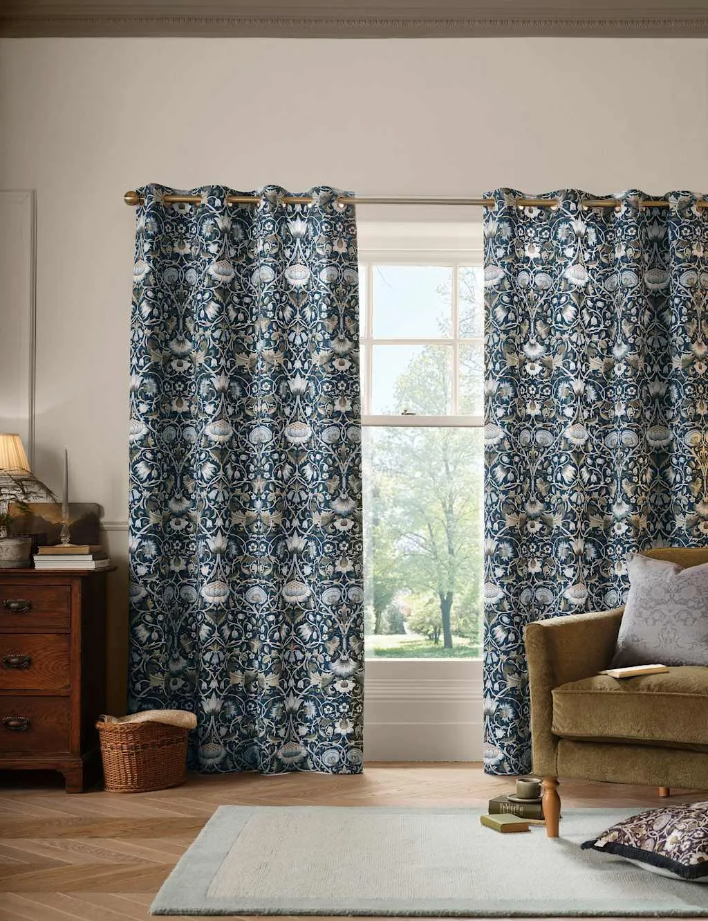 William Morris At Home Lodden Pure Cotton Eyelet Curtains Blue Mix