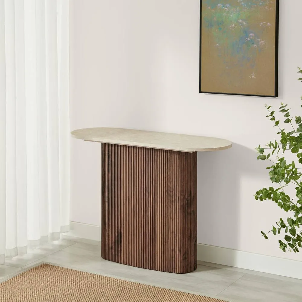 FurnitureboxUK Penrose Rounded Walnut Wood & Marble Effect Console Table 4