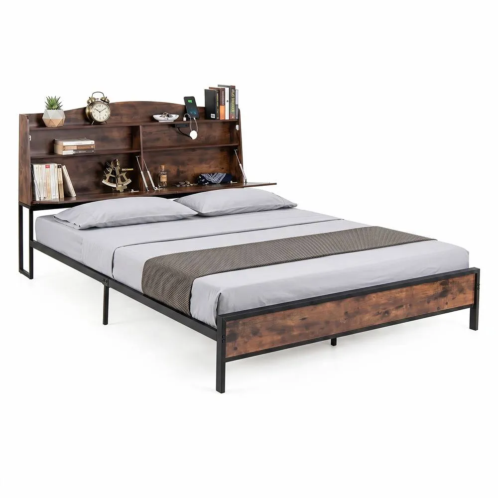 Costway King Size Bed Frame w/Charging Station Industrial Metal Platform Bed in Brown