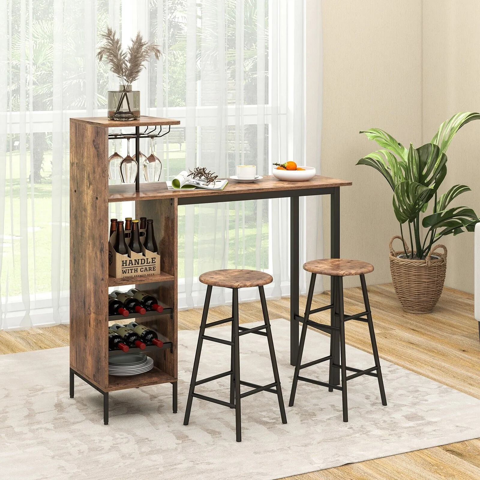 Costway 3PCS Bar Table Chair Set Industrial Dining Table Stools w/ Glass Holders & Wine Racks in Brown 3