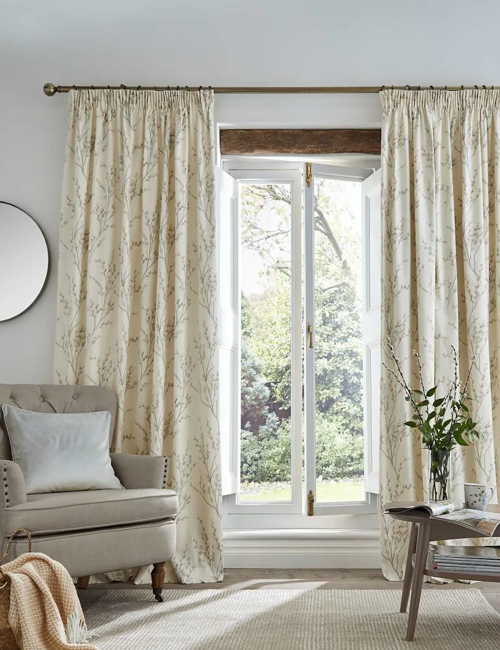 Laura Ashley Pure Cotton Pussy Willow Pencil Pleat Curtains Light Grey Mix
