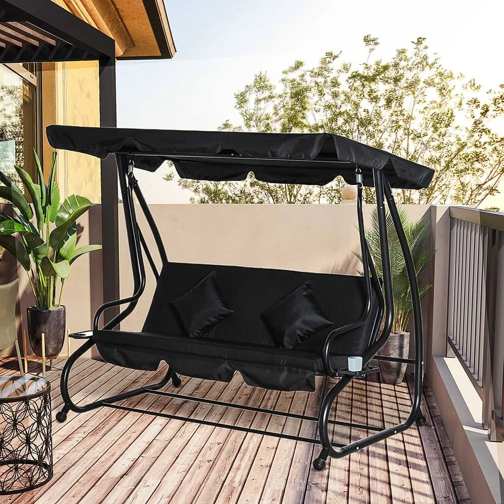 OUTSUNNY 2-in-1 Garden Swing Chair for 3 Person w/ 2 Pillows, Black