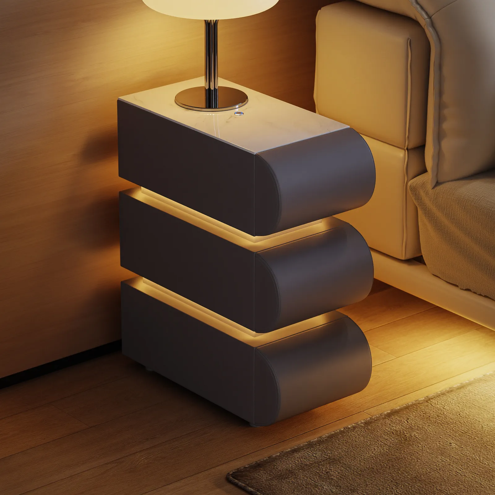 Narrow Humply Leather 3-Drawer Smart Bedside Table with Sintered Stone Top