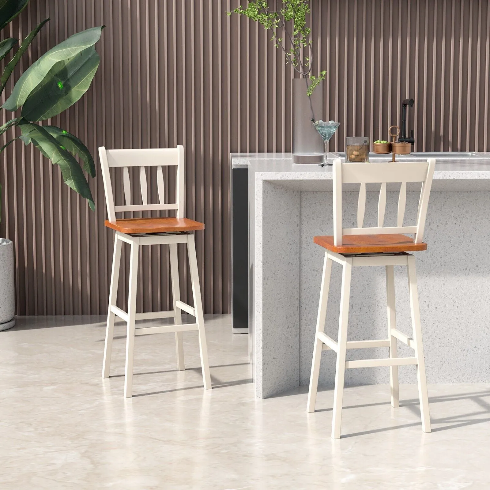 Costway Set of 2 Swiveling Bar Stools Solid Rubber Wood Dining Chairs with Footrest in White 3