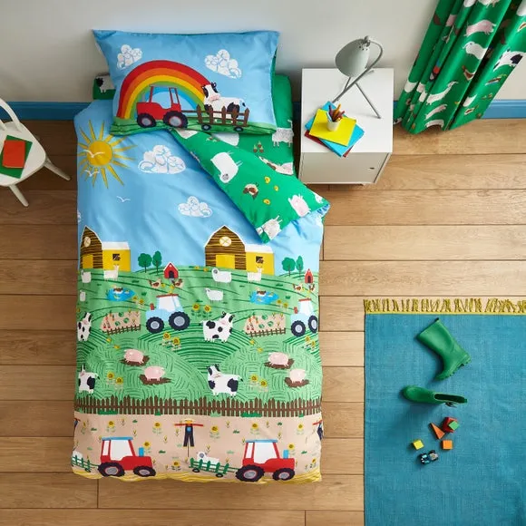 Catherine Lansfield Farmyard Animals Blue Reversible Duvet Cover and Pillowcase Set 1