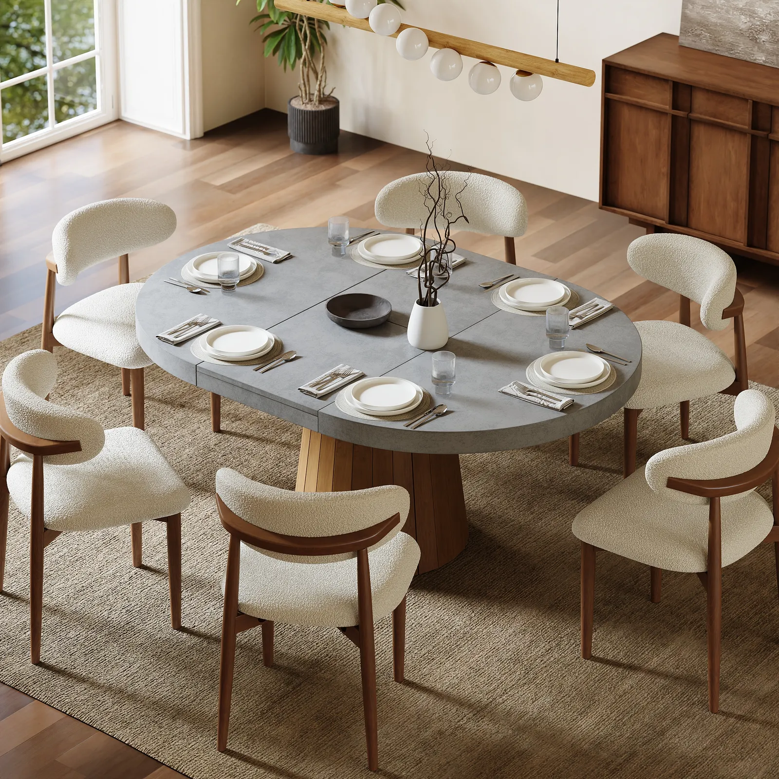 Dining Set 100-140cm Japandi Extendable Dining Table with 6 Chairs