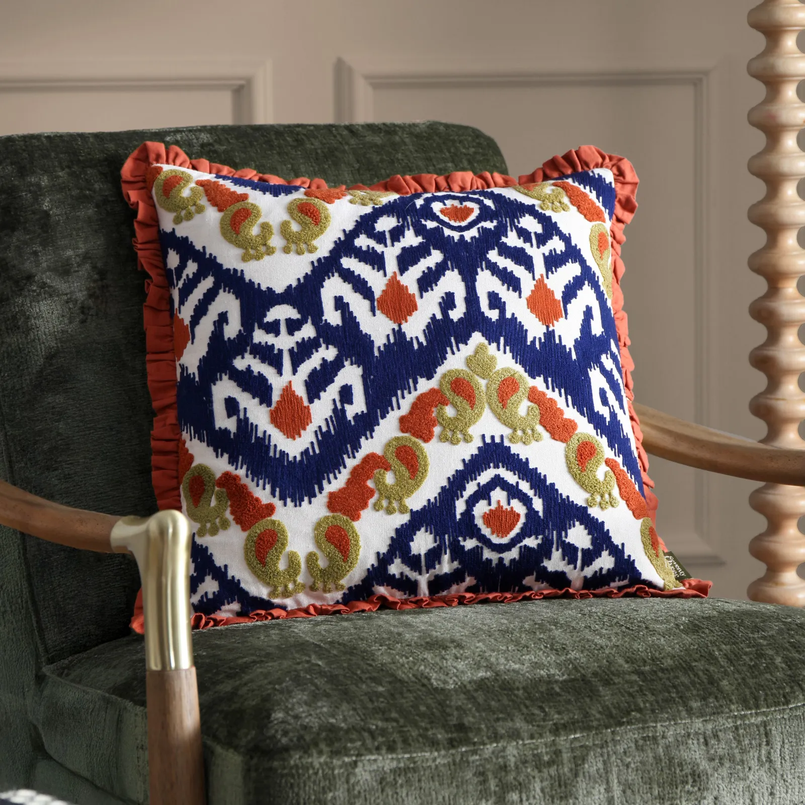 Paoletti Henderson Embroidered 100% Cotton Cushion in Orange