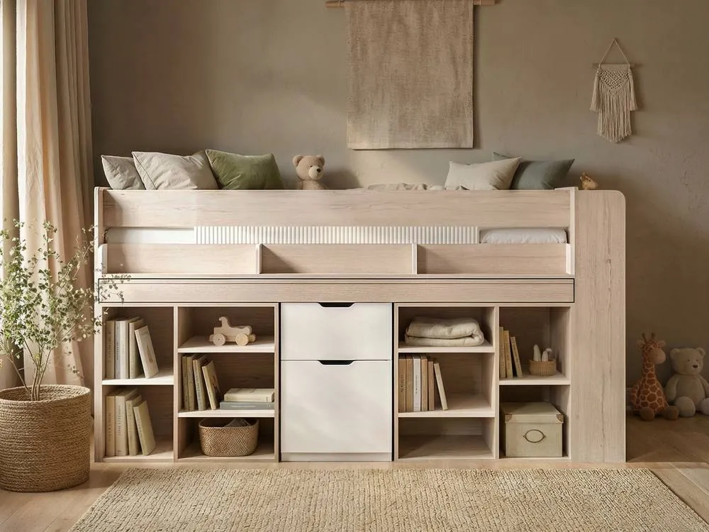 Flair Micah Mid Sleeper Bed with Desk Oak & White in Light Oak 2