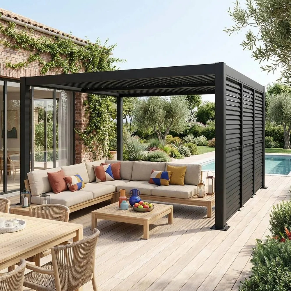 sweeek Louvered pergola 4x3m + 3 100 cm adjustable slat louver panels in Dark Grey