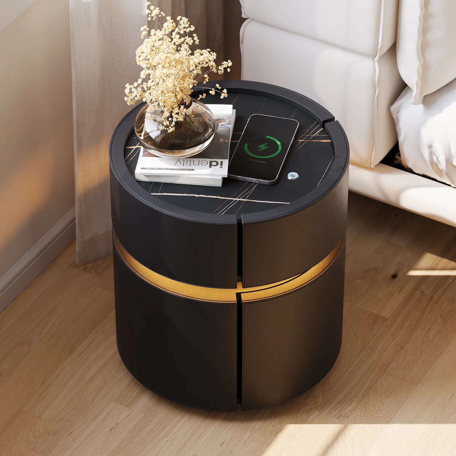 Round Saddle Leather Bedside Table with Wireless Charging Bedside Table in Black