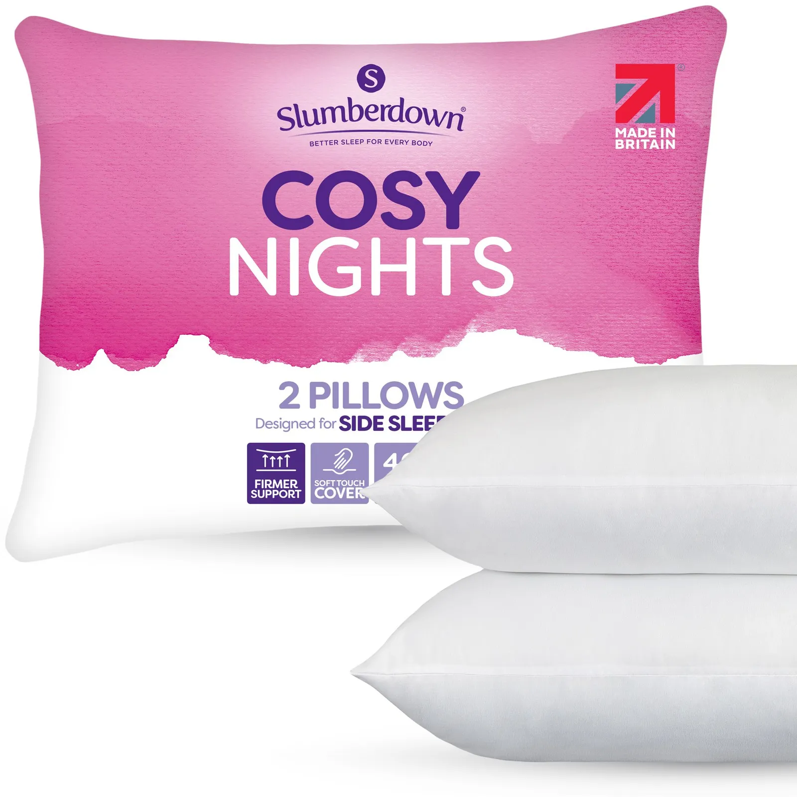 Slumberdown 2 Pack Cosy Nights Firm Support Side Sleeper Pillows in White