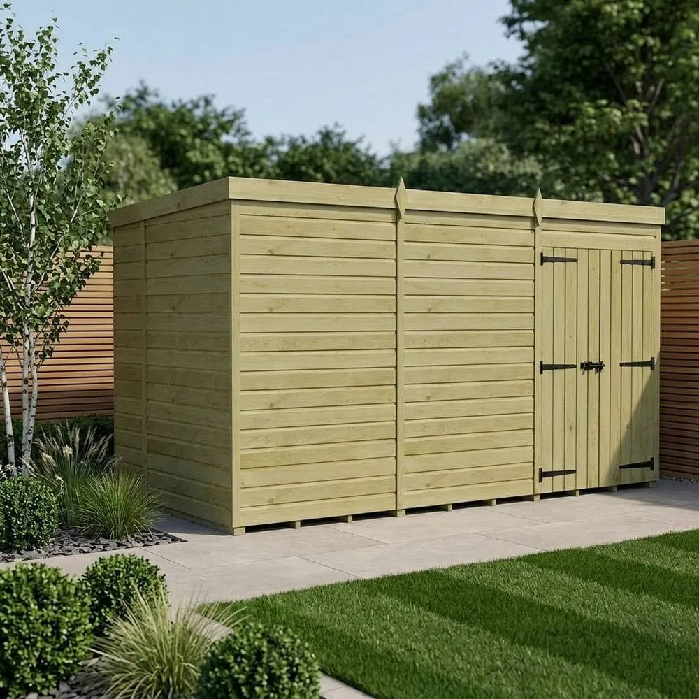 Buttercup Farm 12ft x 10ft Pent Garden Shed Double Door No Windows - Timber in Brown 2