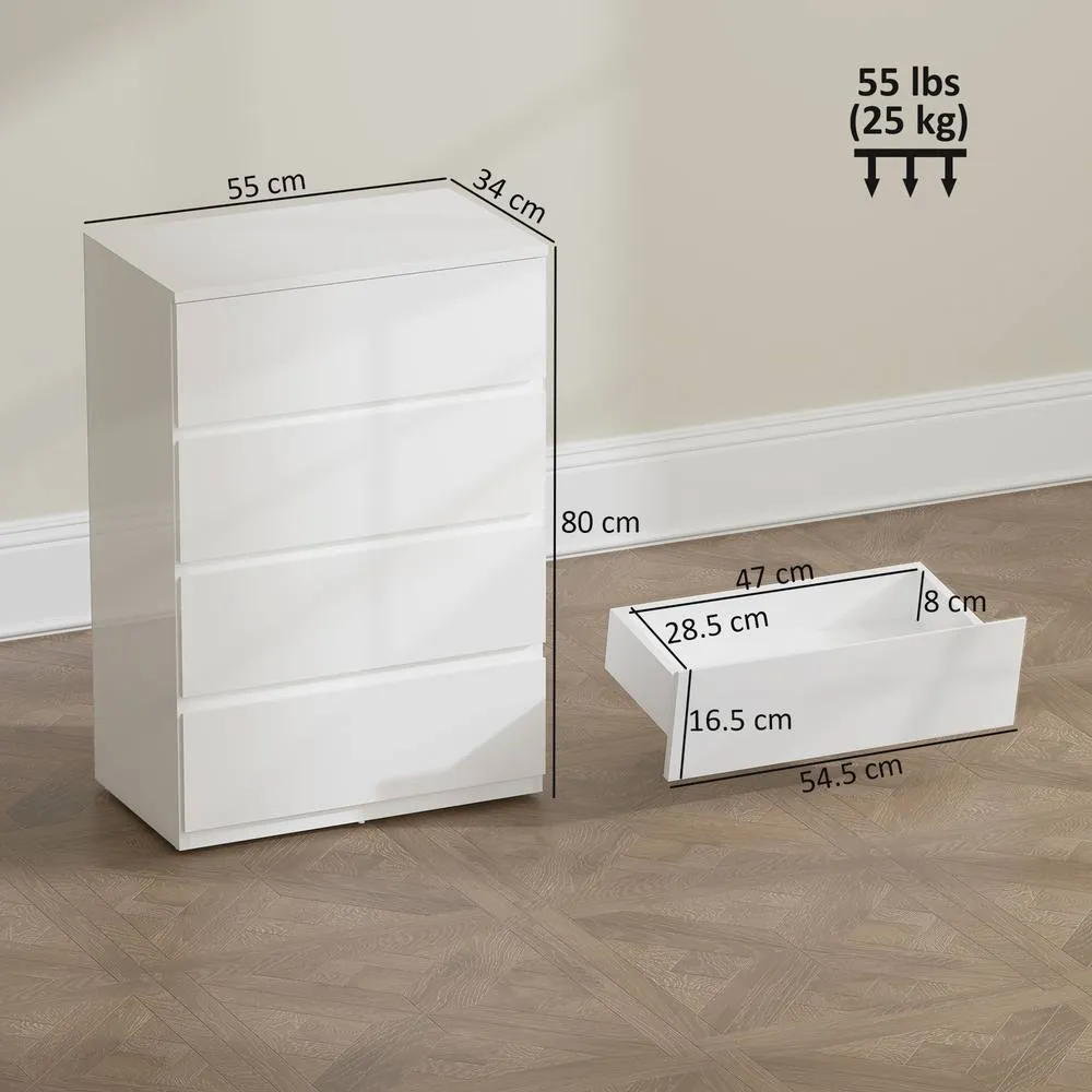 HOMCOM Bedroom Chest of Drawers, High Gloss 4 Drawers Dresser, White 3