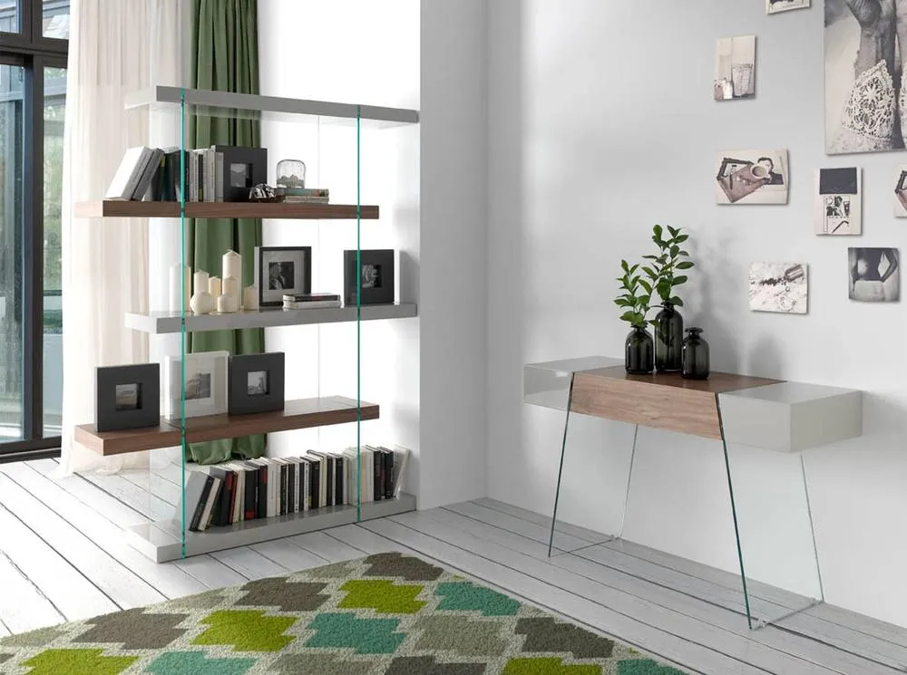 Angel Cerda Walnut & Grey Console Table with Tempered Glass Legs in Pale Grey 3