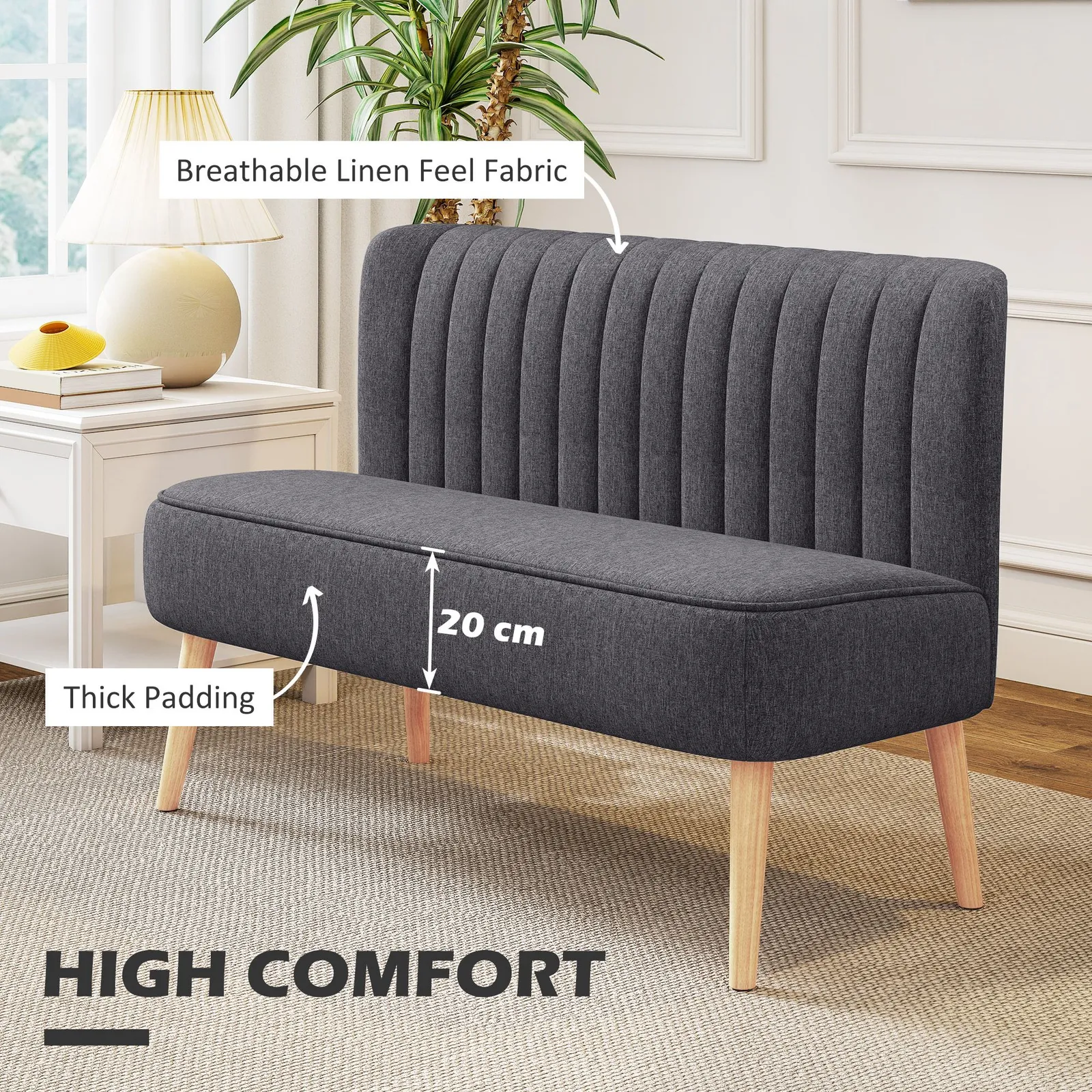 HOMCOM Modern Double Seat Sofa Compact Loveseat Couch Padded Velvet Wood Legs in Dark Grey 4