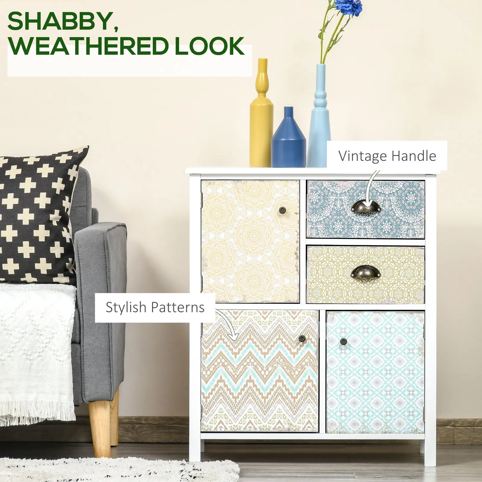 HOMCOM Sideboard Storage Chest Shabby Chic Cabinet Multi purpose Entryway in White 6