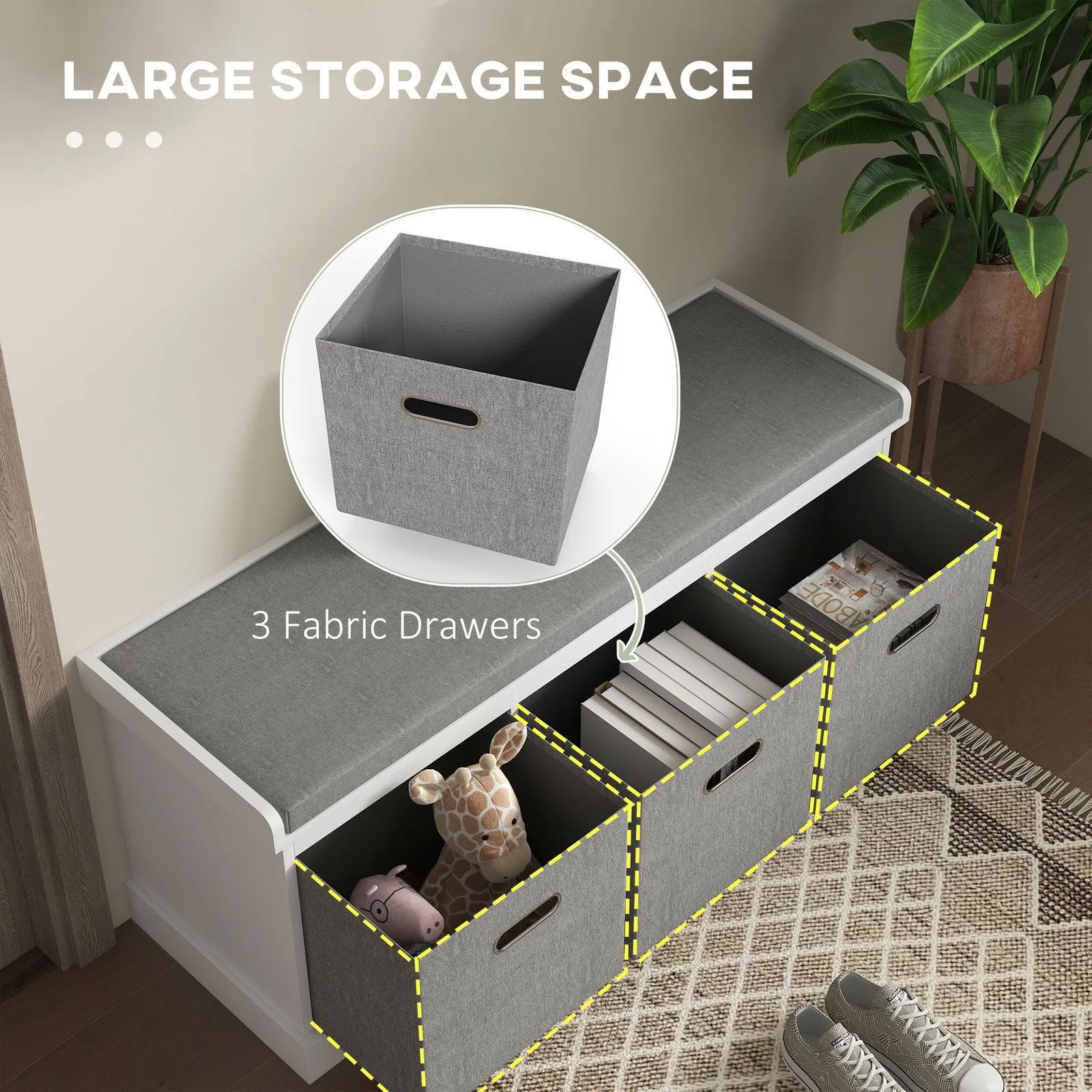 HOMCOM Shoe Bench with 3 Fabric Baskets, Shoe Storage Bench with Seat Cushion, Shoe Cabinet for Entryway, Hallway, Living Room, Bedroom in White 6