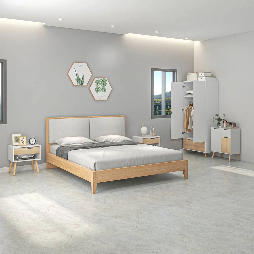 HOMCOM Wardrobe with Hanging Rail Bedside Tables Floor Cabinet with Storage in Natural