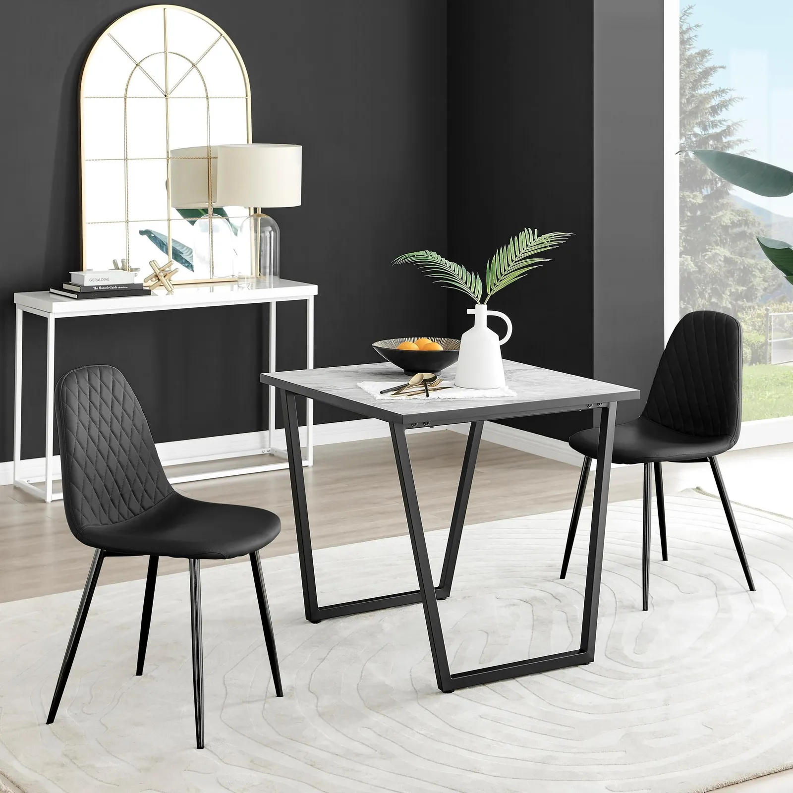 FurnitureboxUK Carson White Marble Effect Square Dining Table & 2 Faux Leather Corona Black Leg Chairs 1