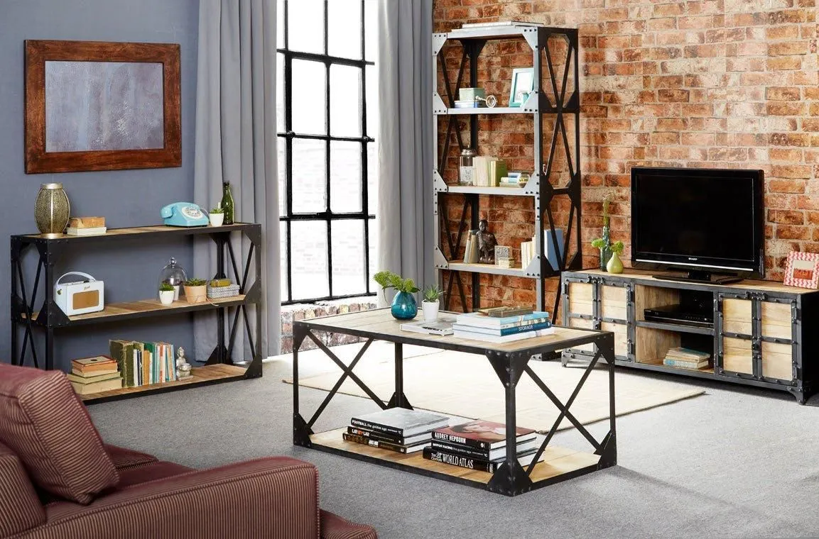 IH Design Alteus Vintage Up cycled Industrial Coffee Table with Shelf Metal & Wood in Black 2