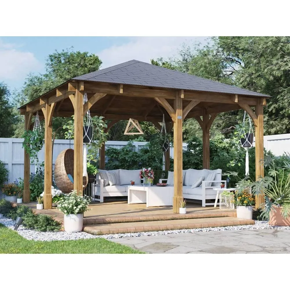 Dunster House Wooden Gazebo 4x4m Heavy Duty Patio Shelter Roof Shingles Leviathan in Brown 2
