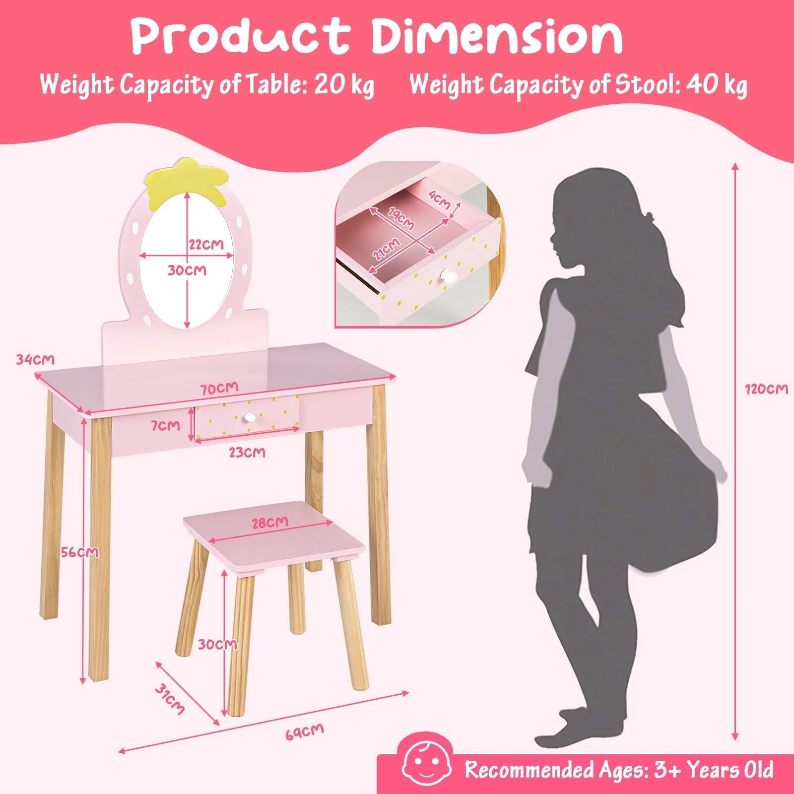 Costway 2in1 Vanity Set Wooden Vanity Set w/ Stool Mirror & Drawer in Pink 2