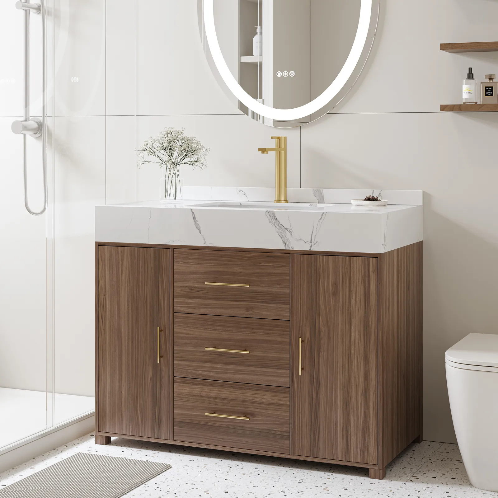 100 cm Floating Bathroom Vanity Cultured Marble Top Bathroom Cabinet Walnut with Sink