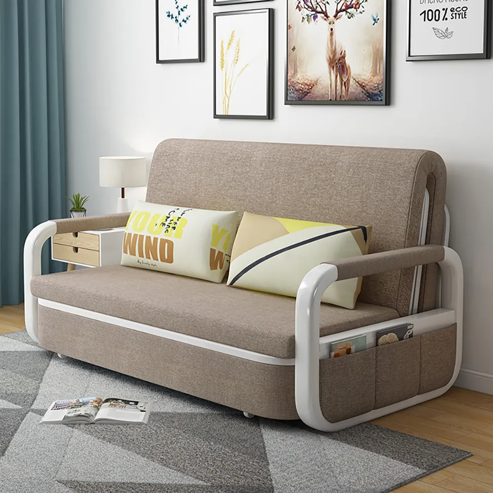 Up to 1900 mm Cotton and Linen Sofa Bed Khaki Sofa Sofa Loveseat with Solid Wood Frame
