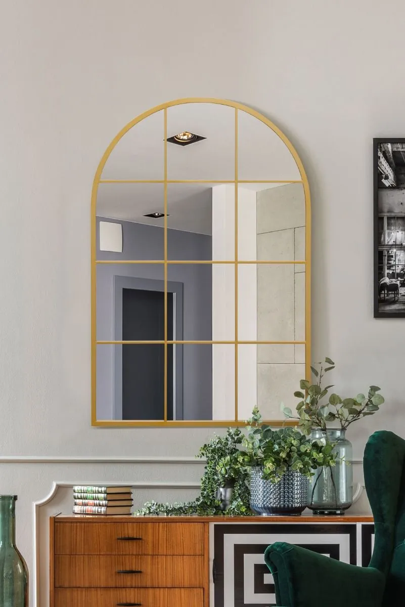 MirrorOutlet Gold Metal Framed Arched Window Wall Mirror 47" X 31" (120CM X 80CM)